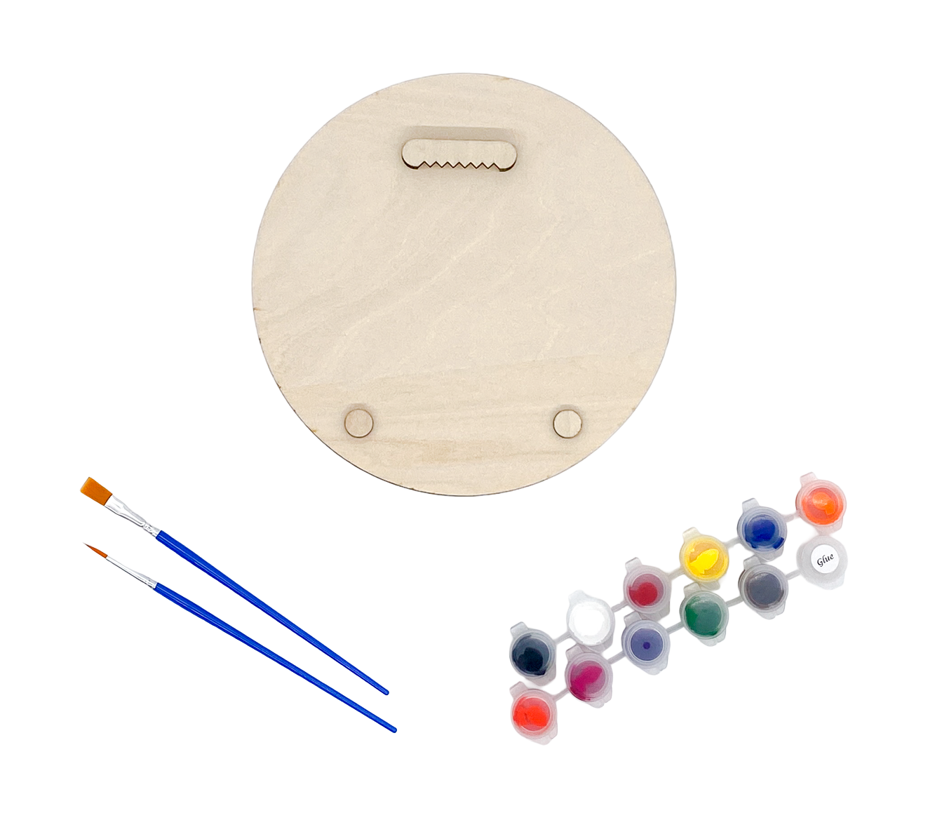 Back of a DIY Paint Kit showing the sawtooth hanger and wall bumpers with brushes and paint pots