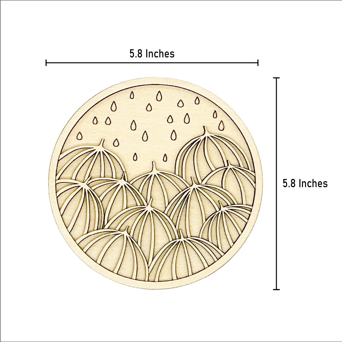 Unpainted umbrella layered wood artwork shown with 5.8 inch width and 5.8 inch height measurement guide.