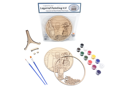 Packaged wine and tulips layered painting kit shown with unpainted laser-cut wood pieces, paint pots, brushes, glue, and display stand hardware.