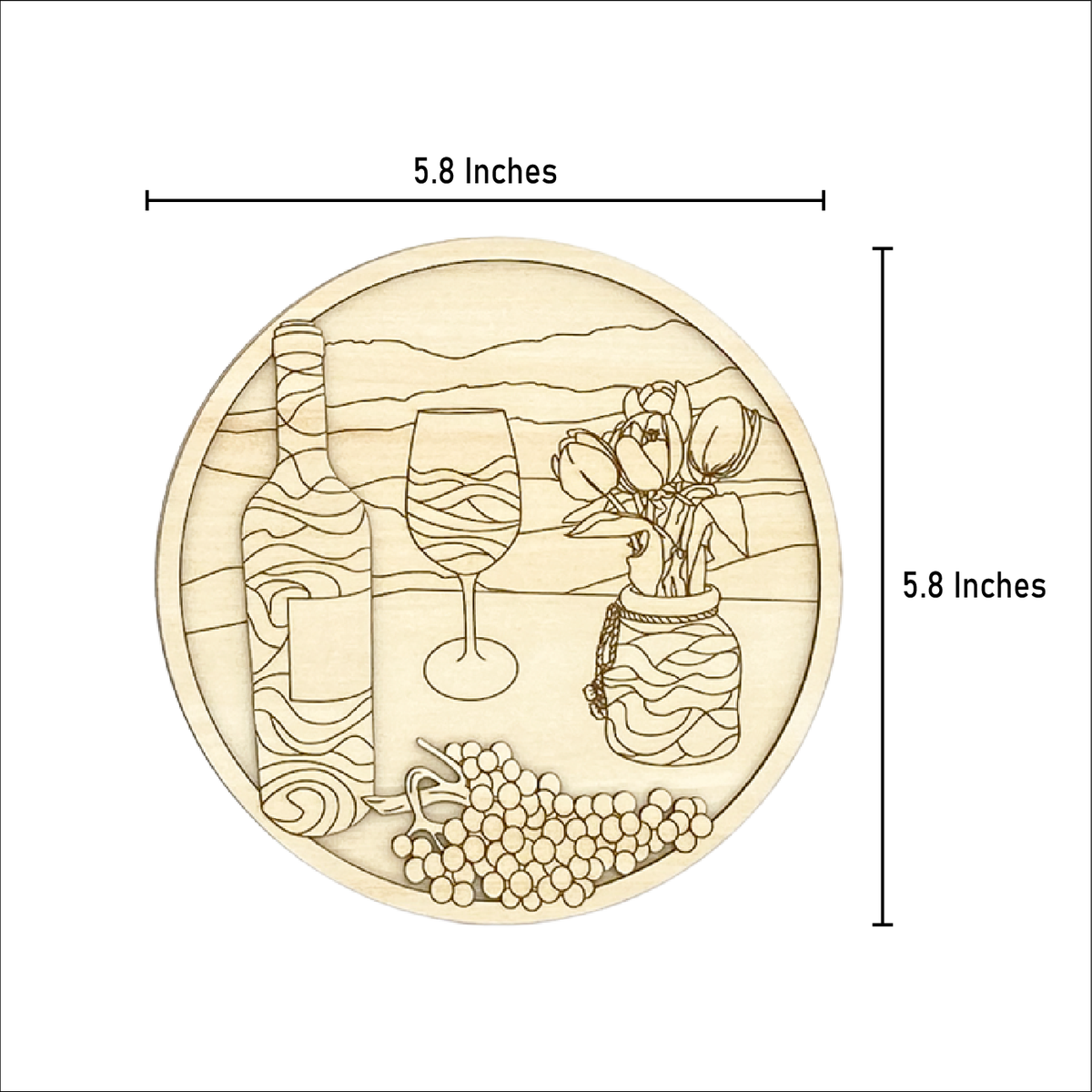 Unpainted wine and tulips layered wood artwork shown with 5.8 inch width and 5.8 inch height measurement guide.