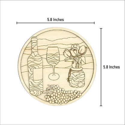 Unpainted wine and tulips layered wood artwork shown with 5.8 inch width and 5.8 inch height measurement guide.