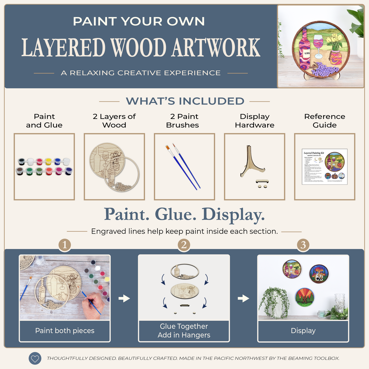 Wine and tulips relaxing adult craft kit infographic showing included paint and glue, two wood layers, brushes, display hardware, reference guide, and simple steps.