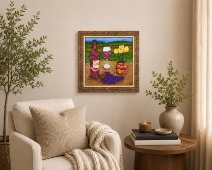 Wine and Tulips layered wood fine art displayed in a warm neutral living room with soft lighting, natural textures, greenery, and contemporary decor.