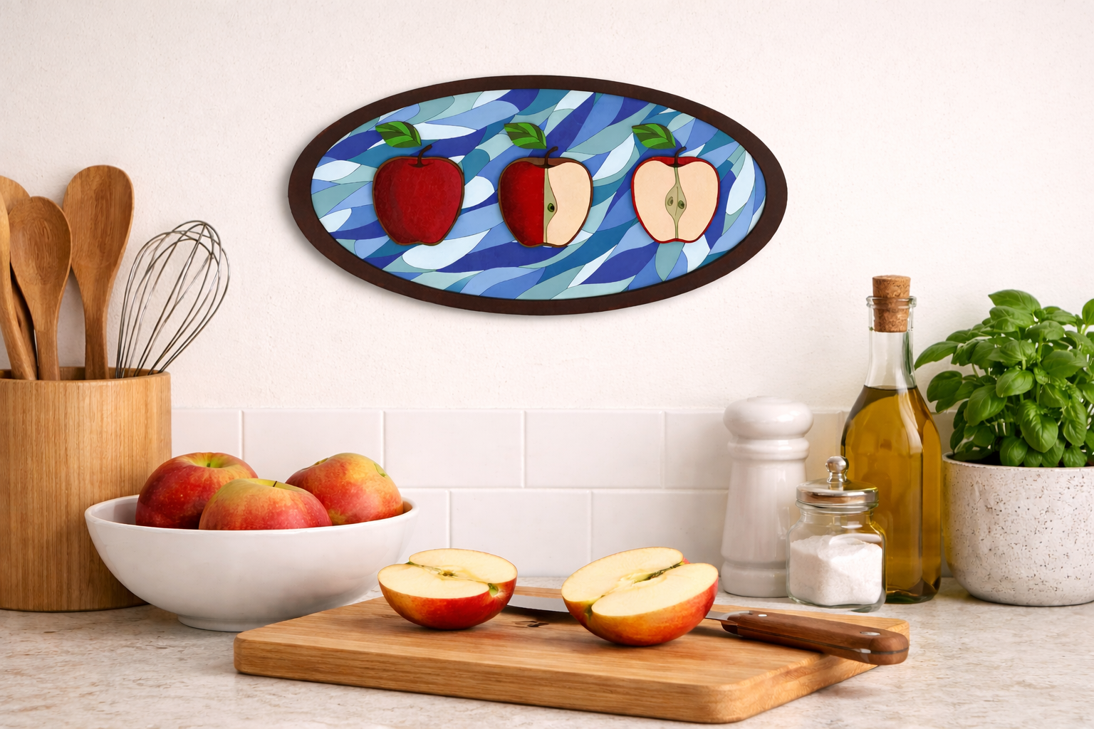Completed Apple Joy DIY Paint Kit With Layered Wood Design, Stained Glass-Style Apple Pattern In A Kitchen Setting With A Bowl Of Apples And Cutting Board.
