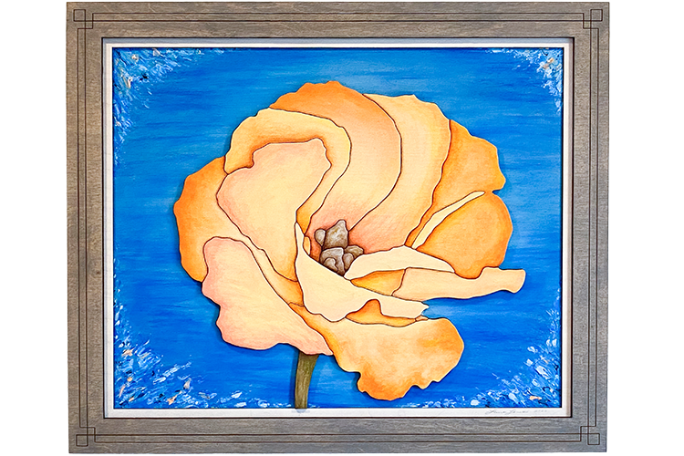 3D layered wood art of an apricot flower on a clean white background, showcasing the laser-cut precision and floral design.