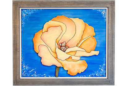 3D layered wood art of an apricot flower on a clean white background, showcasing the laser-cut precision and floral design.