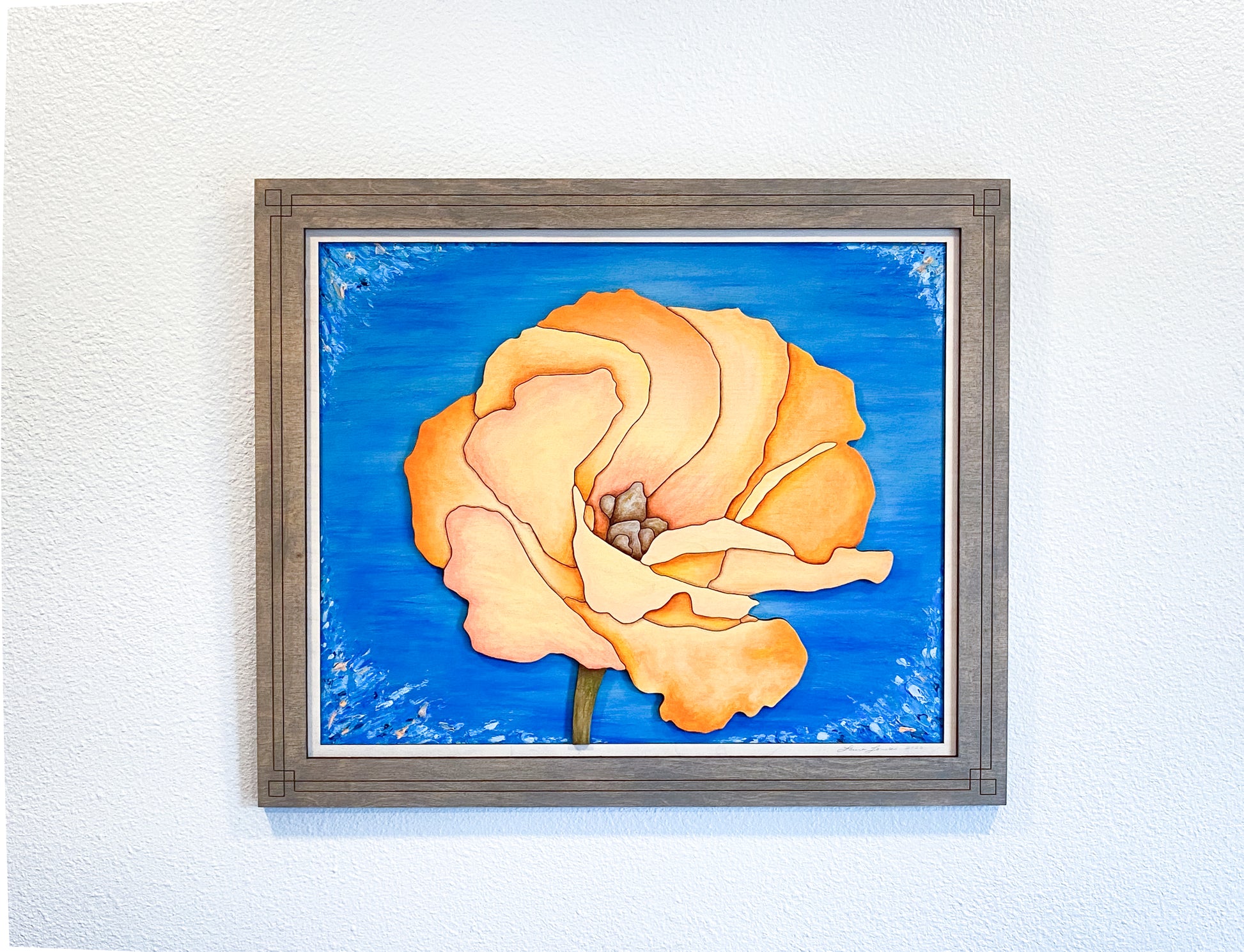3D layered wood art of an apricot flower on a clean white background, showcasing the laser-cut precision and floral design.
