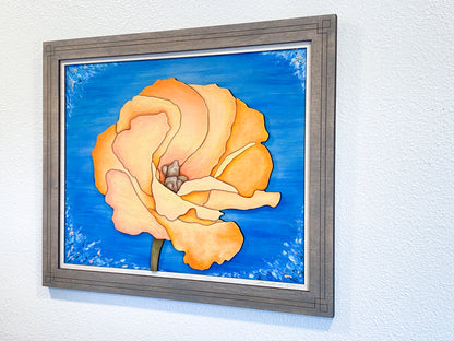 Close-up texture shot of "Apricot Bloom" showing the fine-art impressionistic brush strokes and hand-painted details on the wood surface.