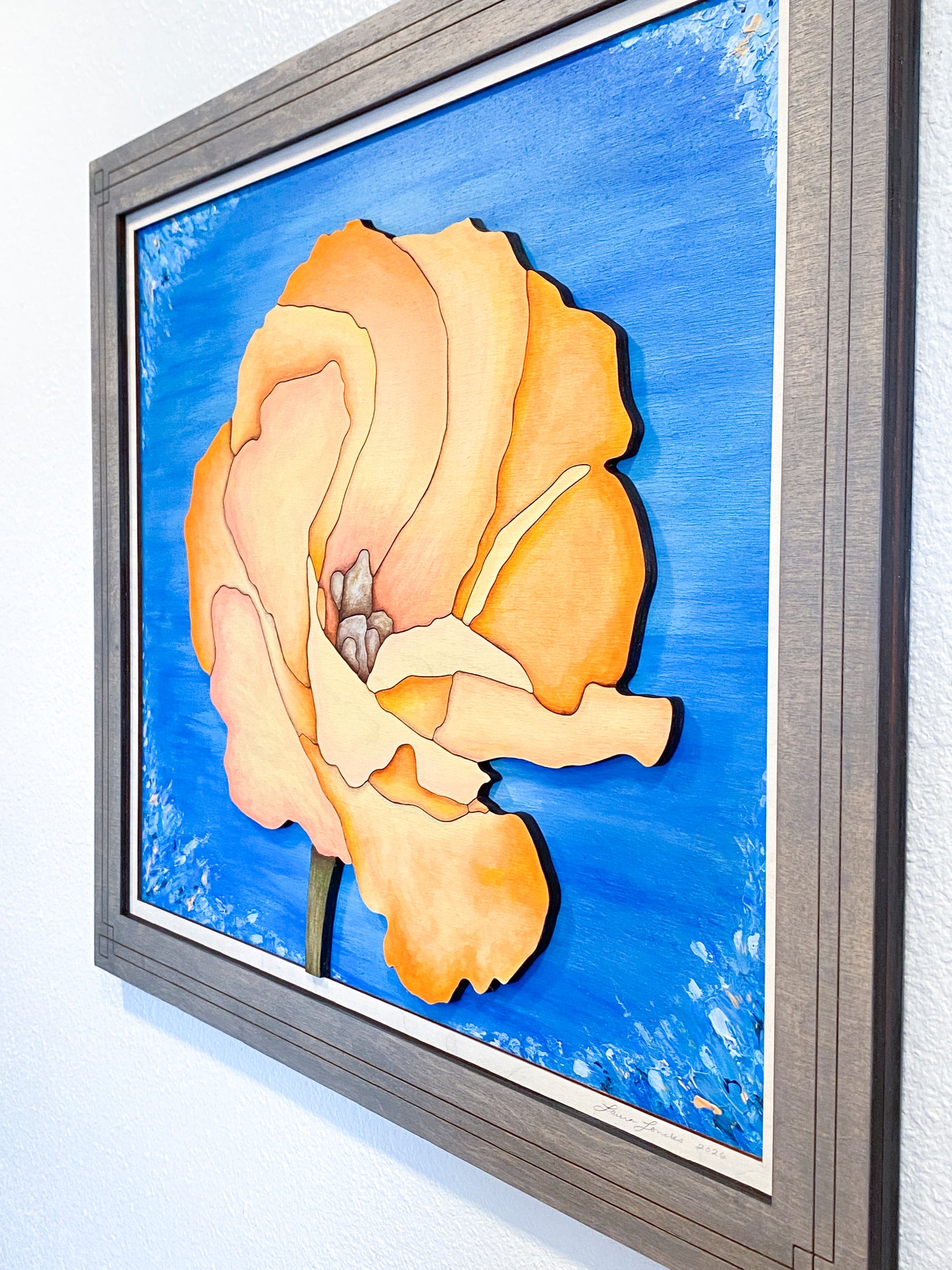 Side view of "Apricot Bloom" wood art, highlighting the physical depth and 0.6-inch sculptural layering of the birch plywood.