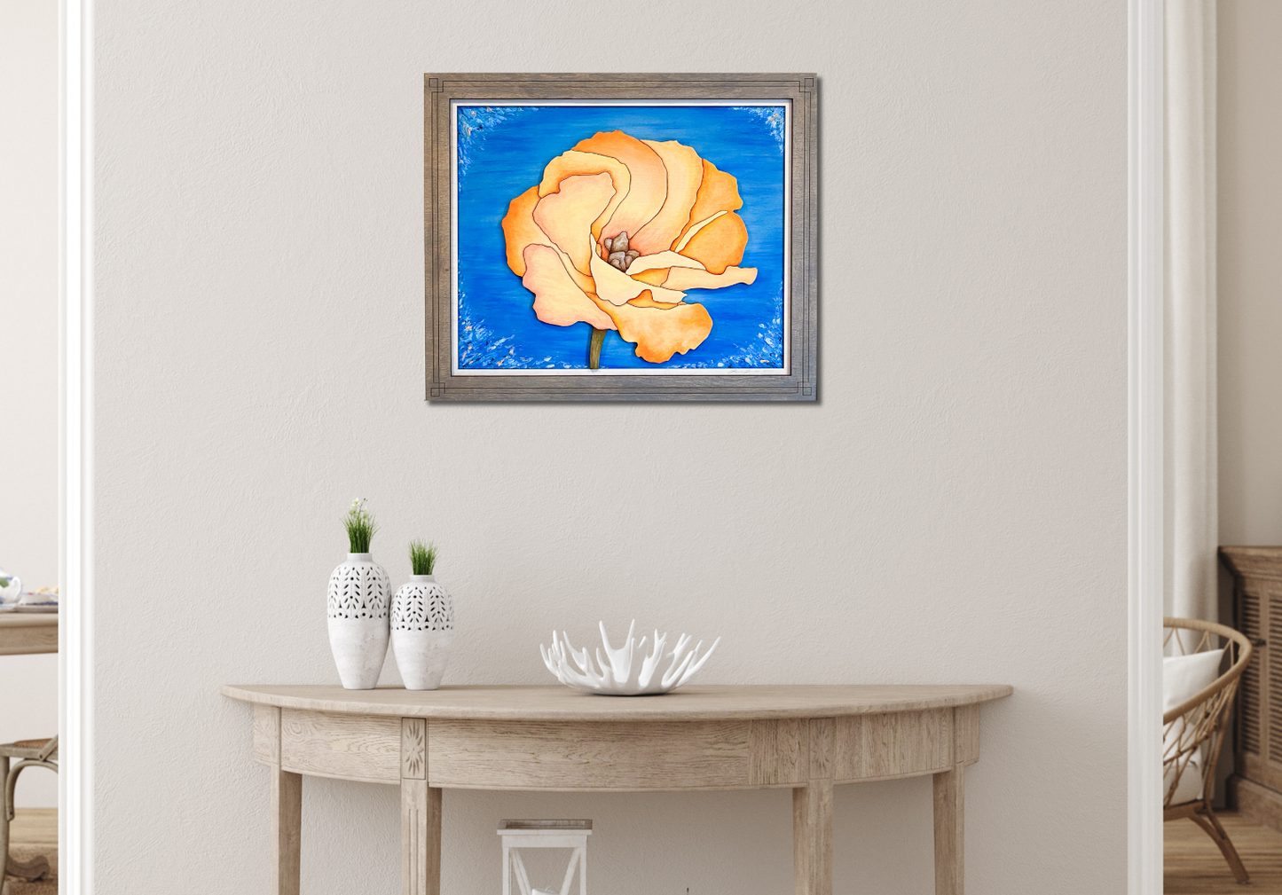 "Apricot Bloom" sculptural wood art displayed in a modern living room setting, styled as a sophisticated focal point over furniture.