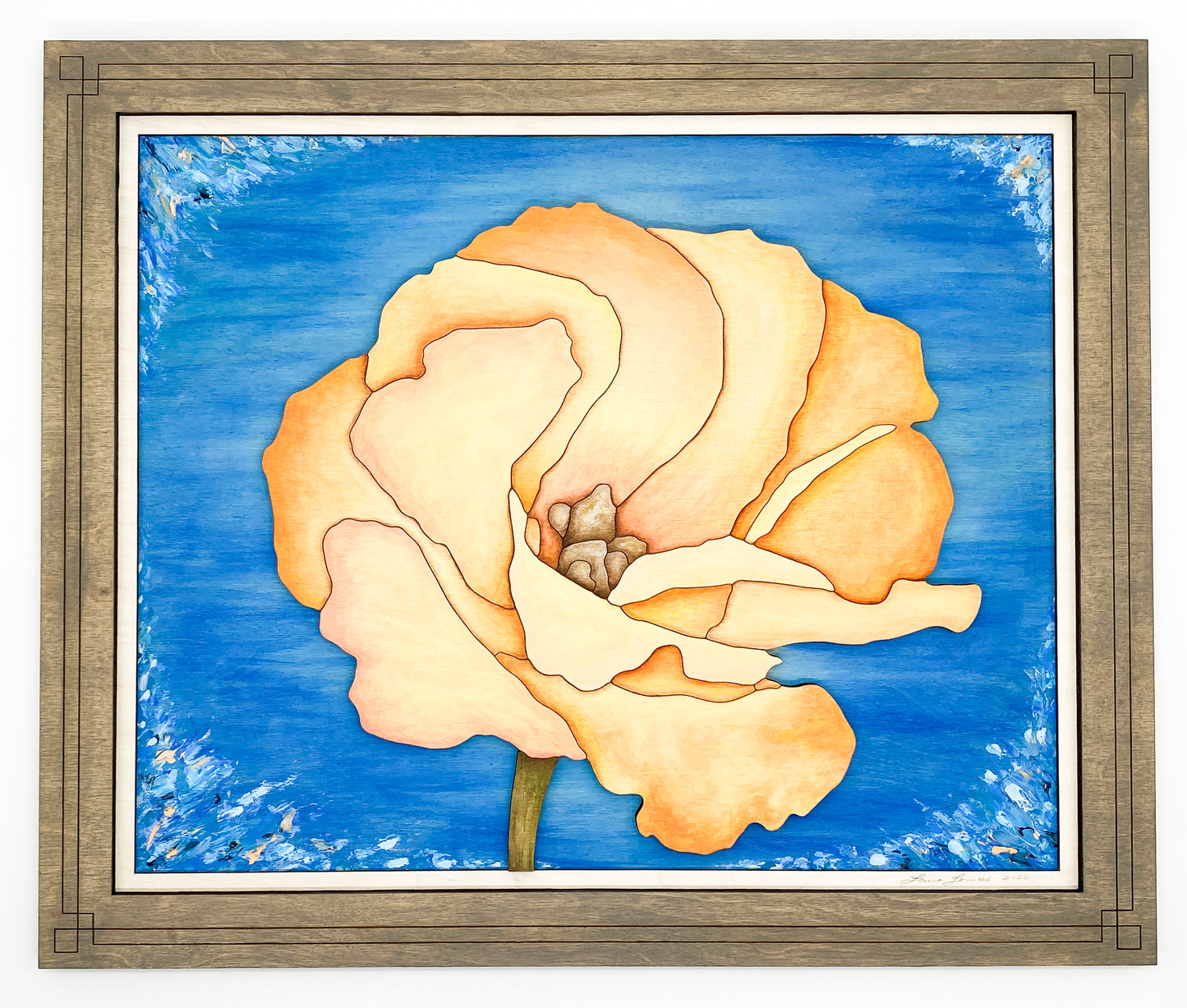 Front view of "Apricot Bloom," an original 3-layer sculptural wood artwork featuring a peach flower with translucent blue glazes in a grey-stained wood frame.