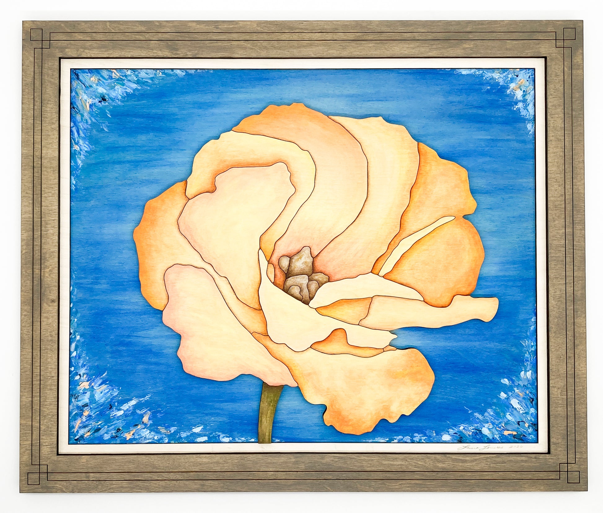 Front view of "Apricot Bloom," an original 3-layer sculptural wood artwork featuring a peach flower with translucent blue glazes in a grey-stained wood frame.