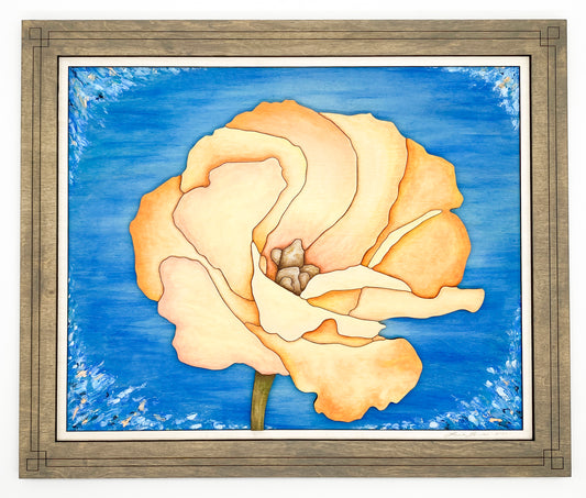 Front view of "Apricot Bloom," an original 3-layer sculptural wood artwork featuring a peach flower with translucent blue glazes in a grey-stained wood frame.