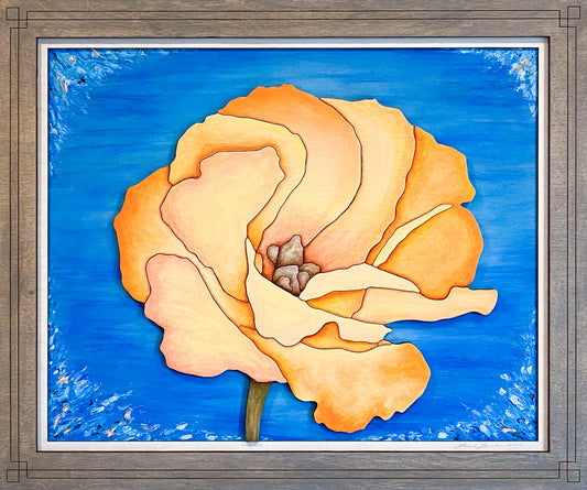 Front view of "Apricot Bloom," an original 3-layer sculptural wood artwork featuring a peach flower with translucent blue glazes in a grey-stained wood frame.