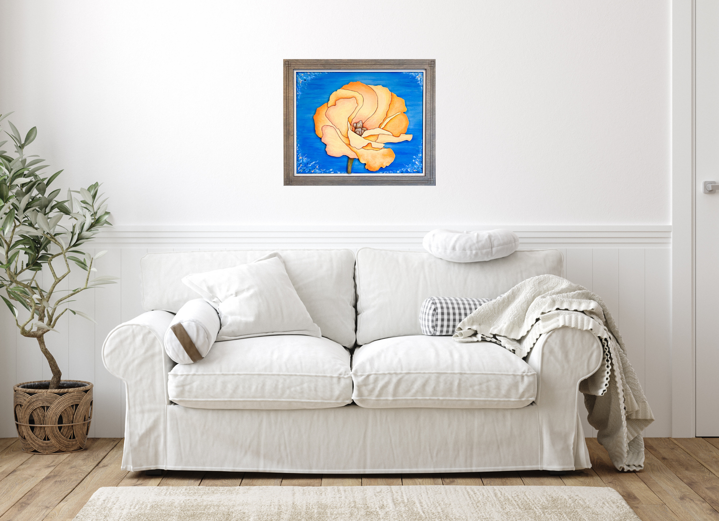 A 22.8" x 19" floral wood sculpture styled on a gallery wall, showing how the piece coordinates with contemporary home decor.