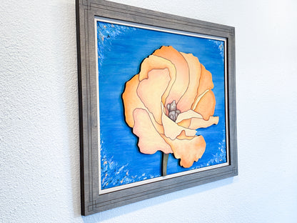 Side view of "Apricot Bloom" wood art, highlighting the physical depth and 0.6-inch sculptural layering of the birch plywood.