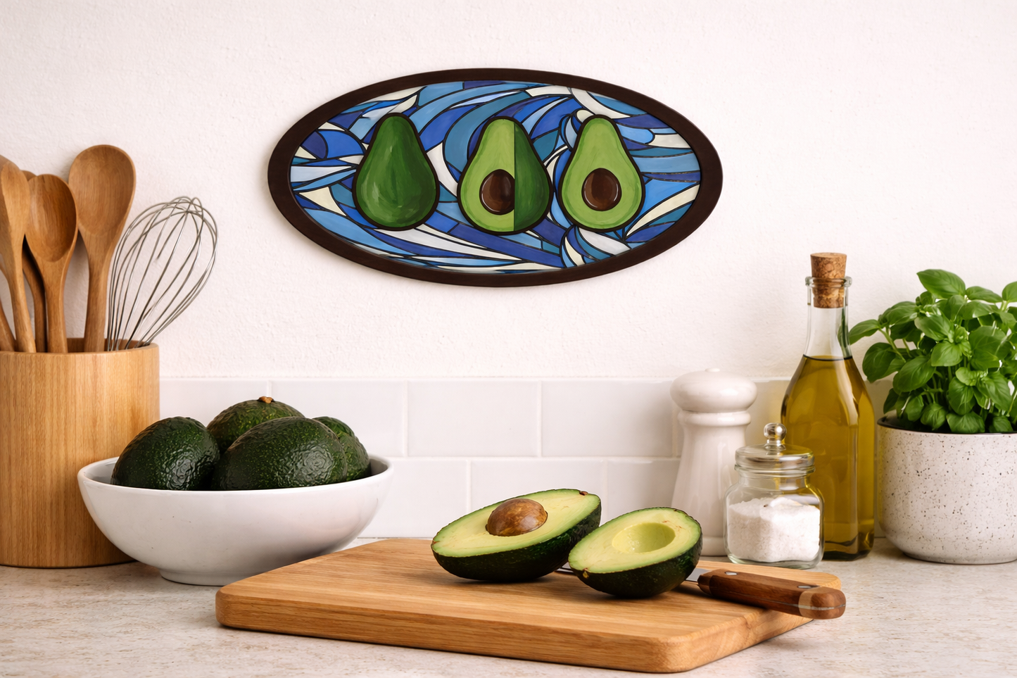 Avocados On A Cutting Board With A Completed Avocado Fun DIY Paint Kit With Layered Wood Design, Stained Glass-Style Avocado Pattern