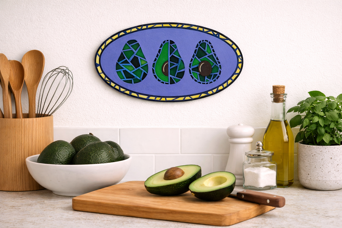 Completed Avocado Magic DIY Paint Kit With Layered Wood Design, Stained Glass-Style Avocado Pattern in a kitchen setting