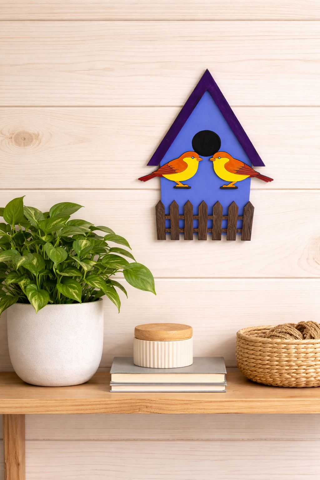 Completed Tiny Tweets DIY Paint Kit With Layered Wood Birdhouse on a wooden shelf with a plant and basket.