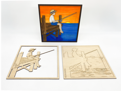 Painted layered fishing boy wall art scene with golden sunset and lakeside dock and unpainted diy kit below