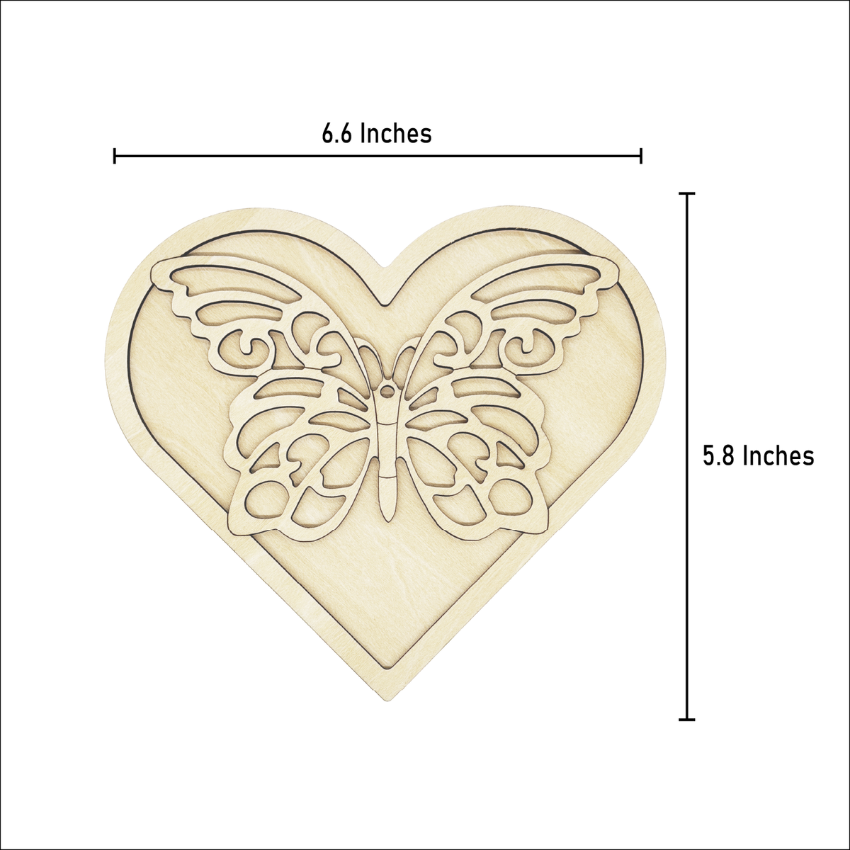 A heart-shaped wooden craft board with a laser-cut butterfly design in the center, shown with dimension lines indicating 6.6 inches wide and 5.8 inches.