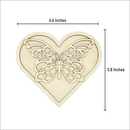 A heart-shaped wooden craft board with a laser-cut butterfly design in the center, shown with dimension lines indicating 6.6 inches wide and 5.8 inches.
