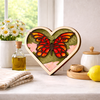 Completed heart-shaped layered wood diy painting kit with a butterfly design on a table with flowers and a bottle in the background