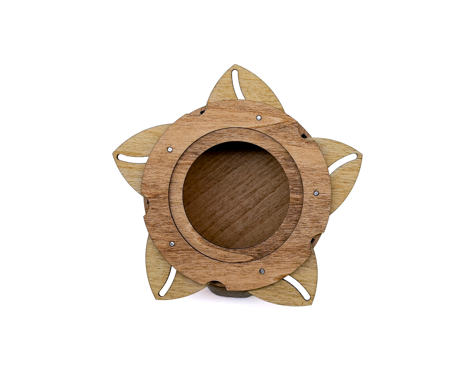 Classic wooden keepsake box opened with its twist-open iris mechanism revealing the spacious interior storage compartment.
