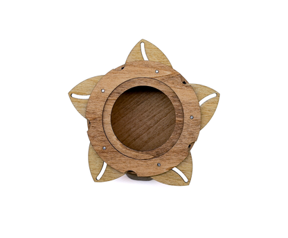 Classic wooden keepsake box opened with its twist-open iris mechanism revealing the spacious interior storage compartment.