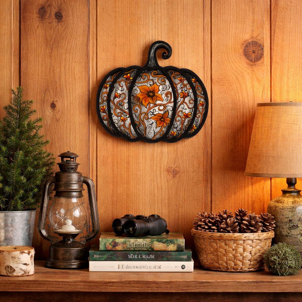 Finished Gothic Pumpkin Kit displayed on a wood wall with books, lamp and other house items on a wood shelf.