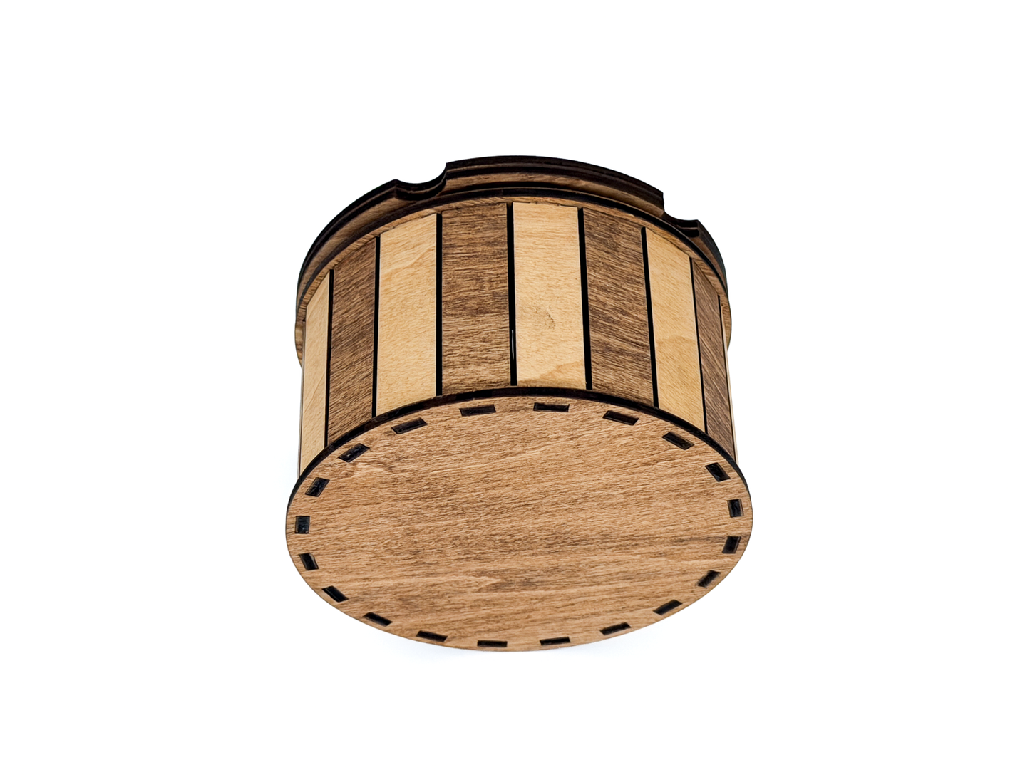 Bottom view of the handcrafted wooden keepsake box showing the precision laser-cut construction and sturdy base.