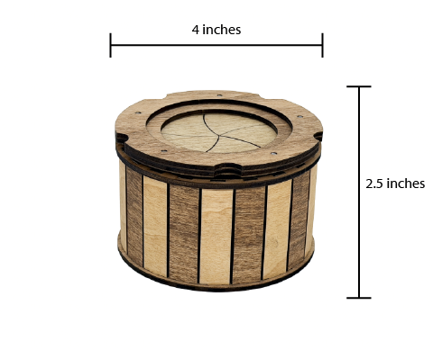 Dimensions of the handcrafted wooden keepsake box measuring approximately 4 inches wide and 2.5 inches tall with a twist-open iris lid.