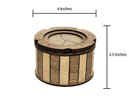 Dimensions of the handcrafted wooden keepsake box measuring approximately 4 inches wide and 2.5 inches tall with a twist-open iris lid.