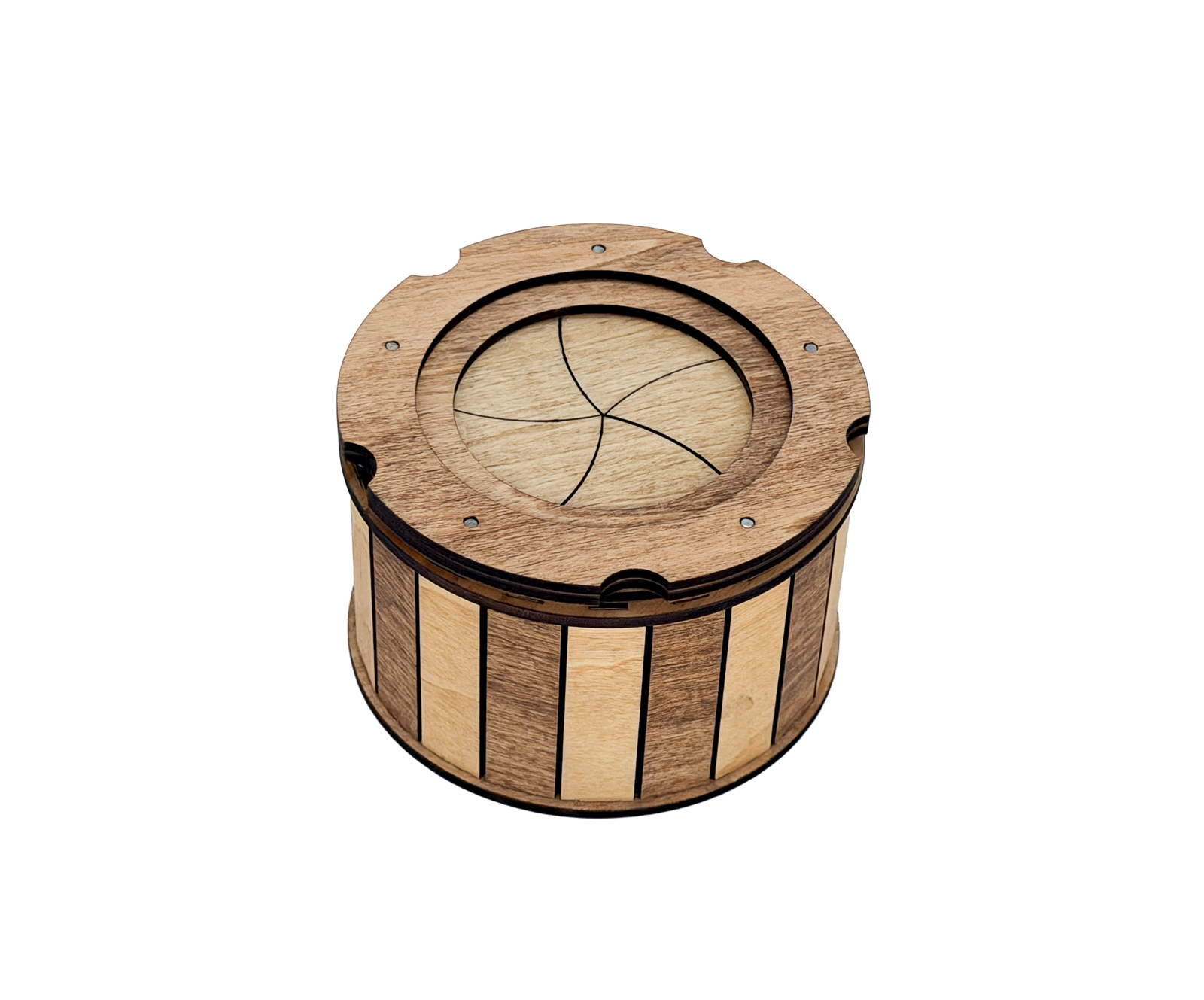 Angled view of the handcrafted wooden keepsake box highlighting the smooth twist-open iris mechanism and natural wood grain.