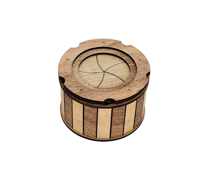 Angled view of the handcrafted wooden keepsake box highlighting the smooth twist-open iris mechanism and natural wood grain.