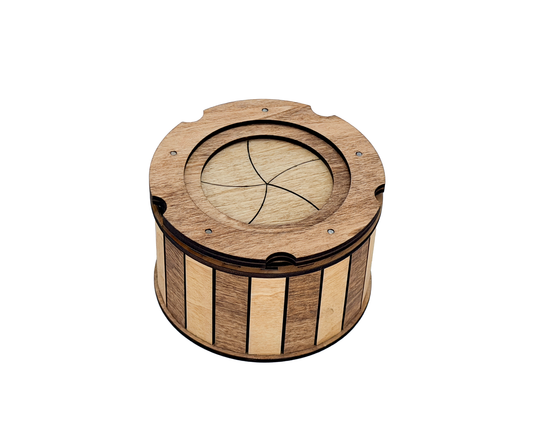 Angled view of the handcrafted wooden keepsake box highlighting the smooth twist-open iris mechanism and natural wood grain.