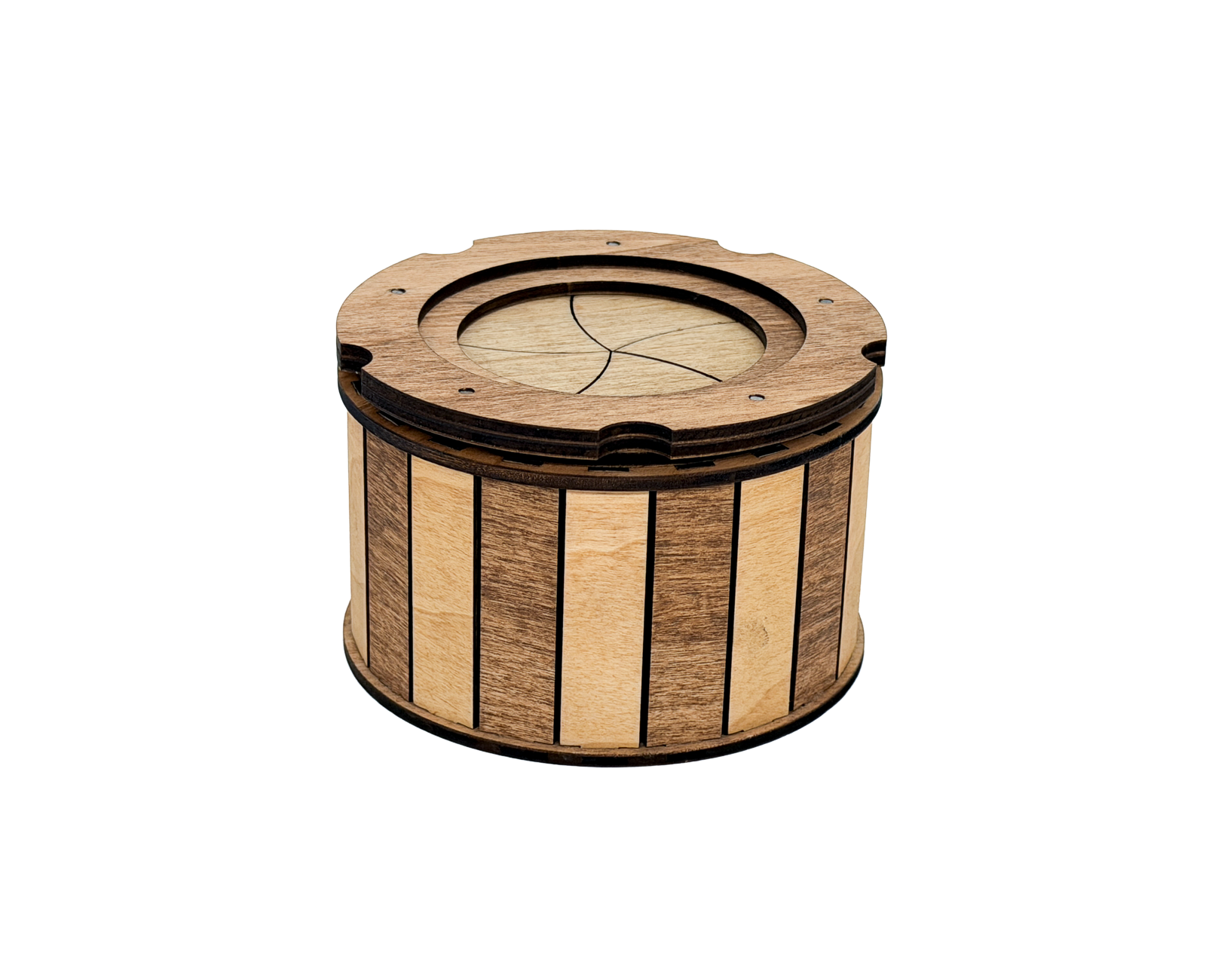 Classic handcrafted wooden keepsake box with a twist-open iris lid for storing jewelry, dice, crystals, coins, and other small treasures.