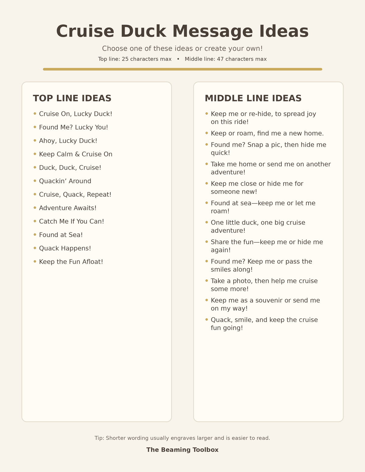Cruise Duck Message Ideas printable sheet with example top-line and middle-line phrases for personalized engraved cruise ducks, including character limits and wording tips.