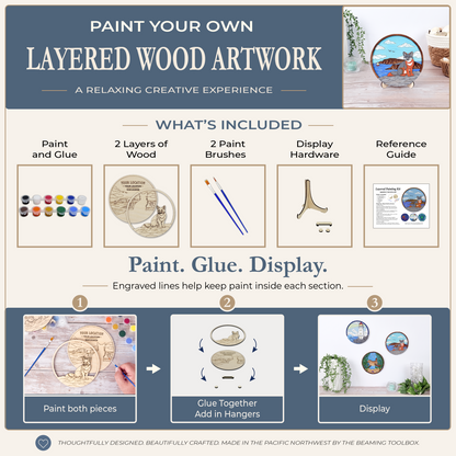 An infographic titled 'Paint Your Own Layered Wood Artwork' showing included materials and step-by-step instructions for creating layered wood art. The design features a navy blue and cream layout with illustrations of paint palettes, wood layers, brushes, hardware, and example artwork displays.