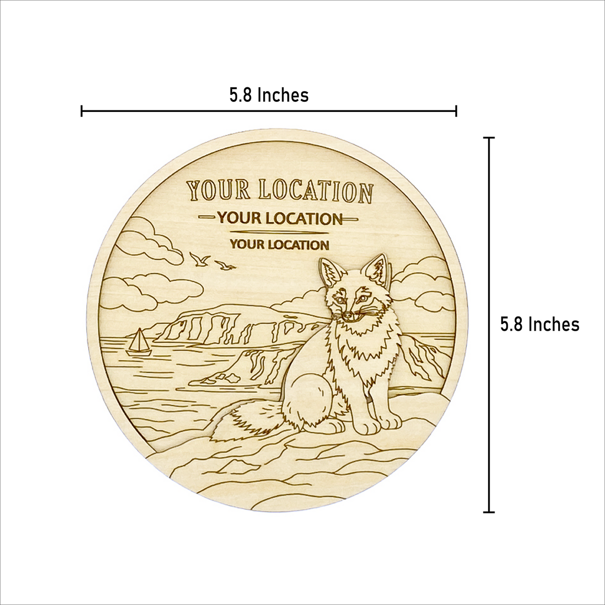 A round engraved wooden painting kit shown on a white background with dimension lines indicating a diameter of 5.8 inches and a height of 5.8 inches.