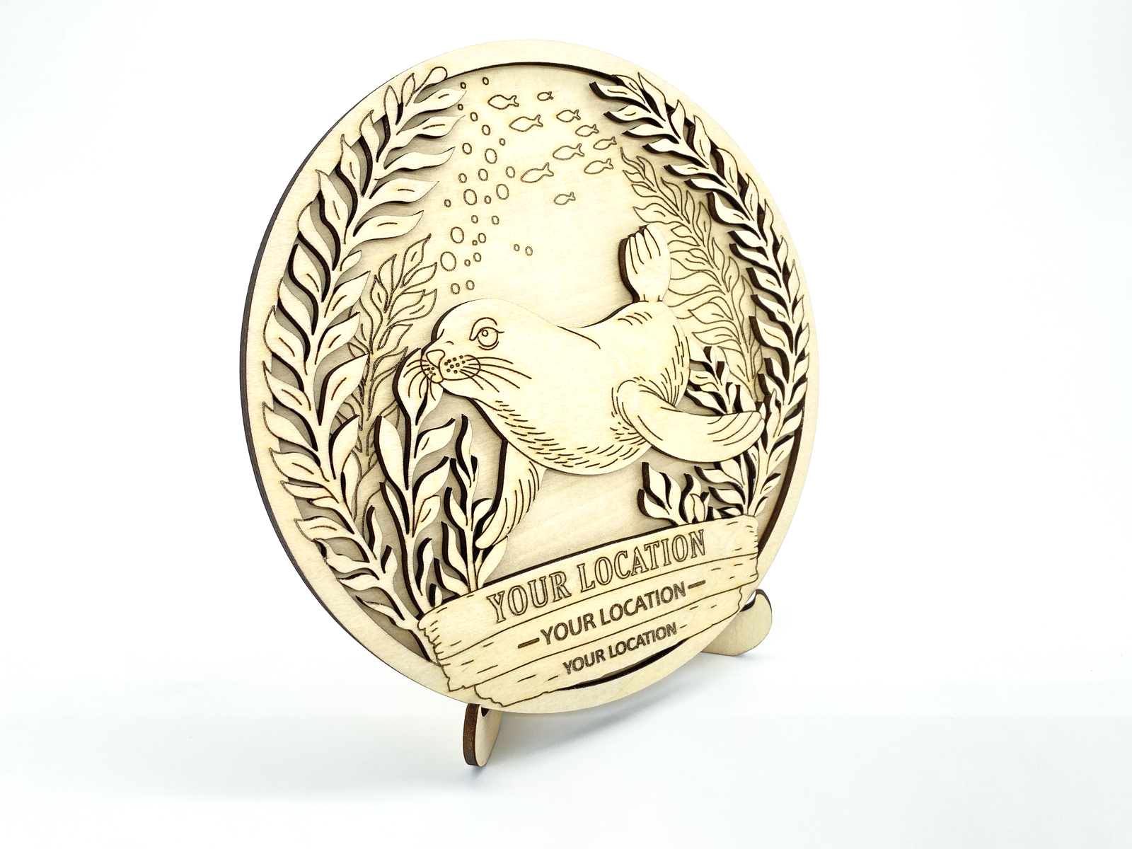 Personalized sea lion layered wood paint kit with custom text on white background front view