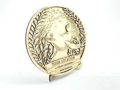 Personalized sea lion layered wood paint kit with custom text on white background front view