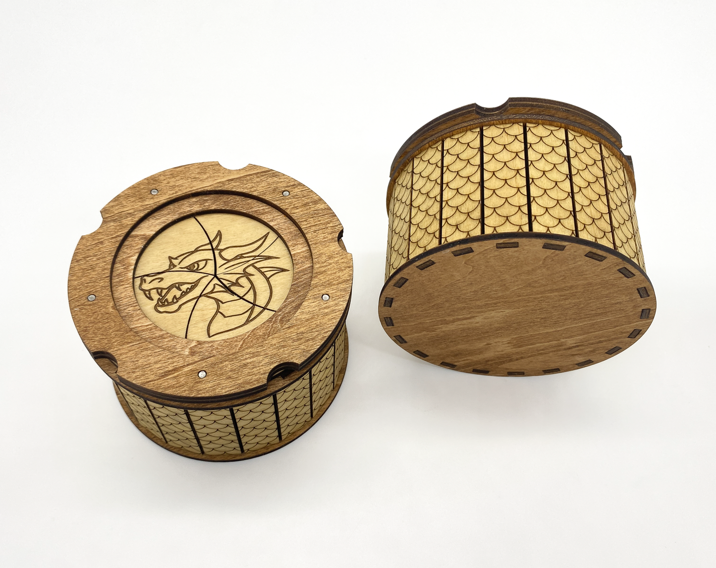 Wooden dragon keepsake box showing engraved dragon lid and handcrafted basswood bottom construction.