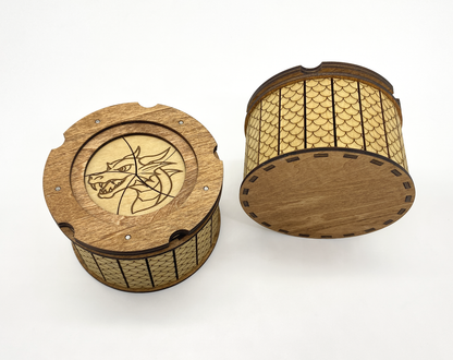 Wooden dragon keepsake box showing engraved dragon lid and handcrafted basswood bottom construction.