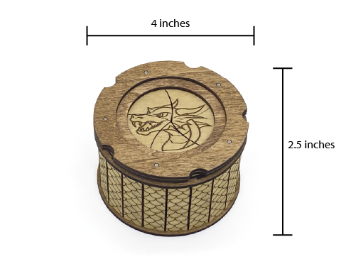 Dragon keepsake box dimensions showing 4 inch diameter and 2.5 inch height with twist-open iris mechanism.