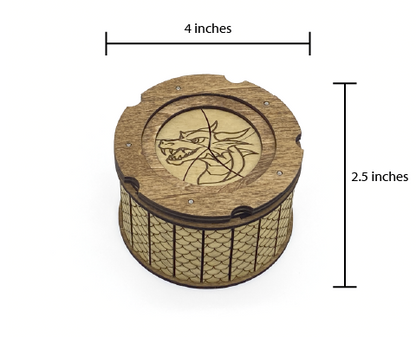 Dragon keepsake box dimensions showing 4 inch diameter and 2.5 inch height with twist-open iris mechanism.