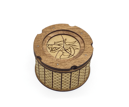 Dragon keepsake box with engraved dragon design, dragon scale sides, and twist-open iris mechanism.