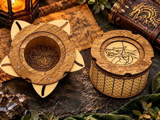 Open and closed dragon-themed wooden keepsake boxes displayed with fantasy books and a lantern, featuring a hidden engraved dragon eye.