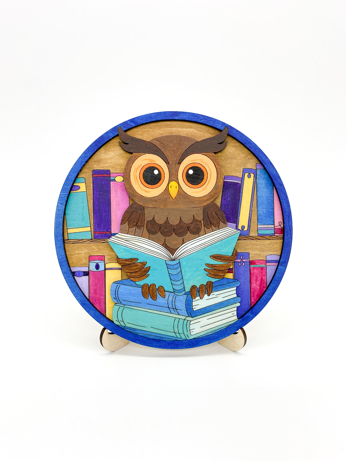 Round diy paint kit completed with an owl reading a book design on a white background