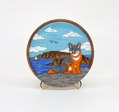 Finished fox coastal layered wood paint kit on white background showing fox overlooking ocean scene
